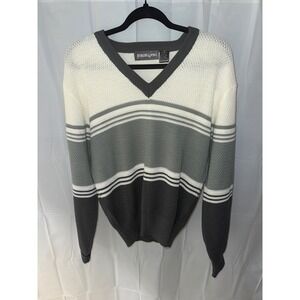 Jeans West Mens Sweater V Neck Striped White Gray Acrylic Knitwear‎